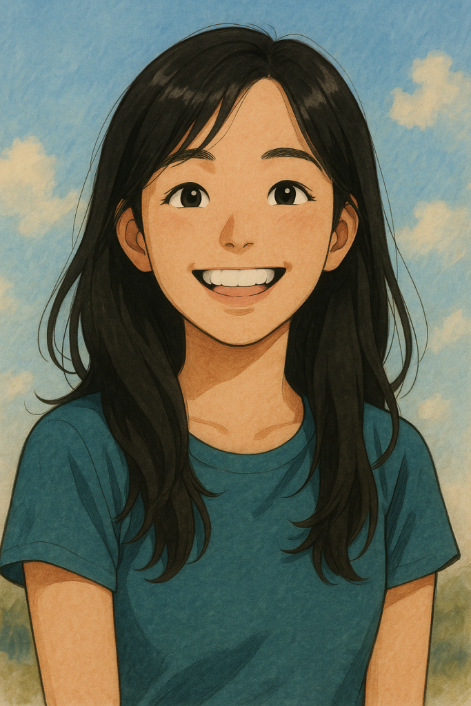 Portrait illustré façon Studio Ghibli d’une jeune femme souriante aux cheveux longs, baignée de lumière et de douceur, symbole de calme et de bien-être.