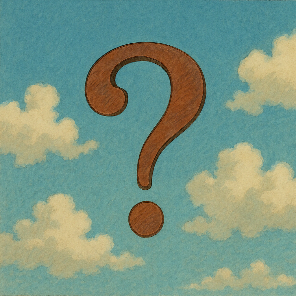 Illustration façon Ghibli représentant un grand point d’interrogation en bois flottant dans un ciel bleu parsemé de nuages, symbole poétique d’une section FAQ.