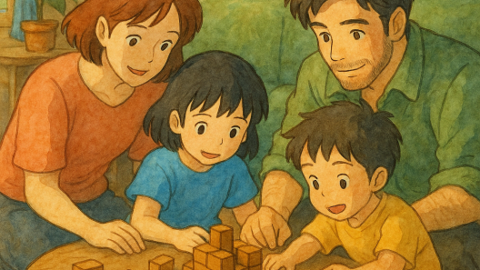 Famille composée d’une femme, d’un homme et de deux enfants jouant ensemble à un puzzle en bois sur une table basse, illustrée dans un style Ghibli chaleureux et poétique.