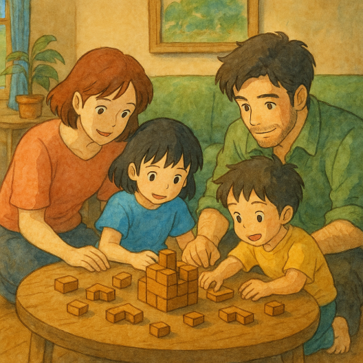 Famille composée d’une femme, d’un homme et de deux enfants jouant ensemble à un puzzle en bois sur une table basse, illustrée dans un style Ghibli chaleureux et poétique.