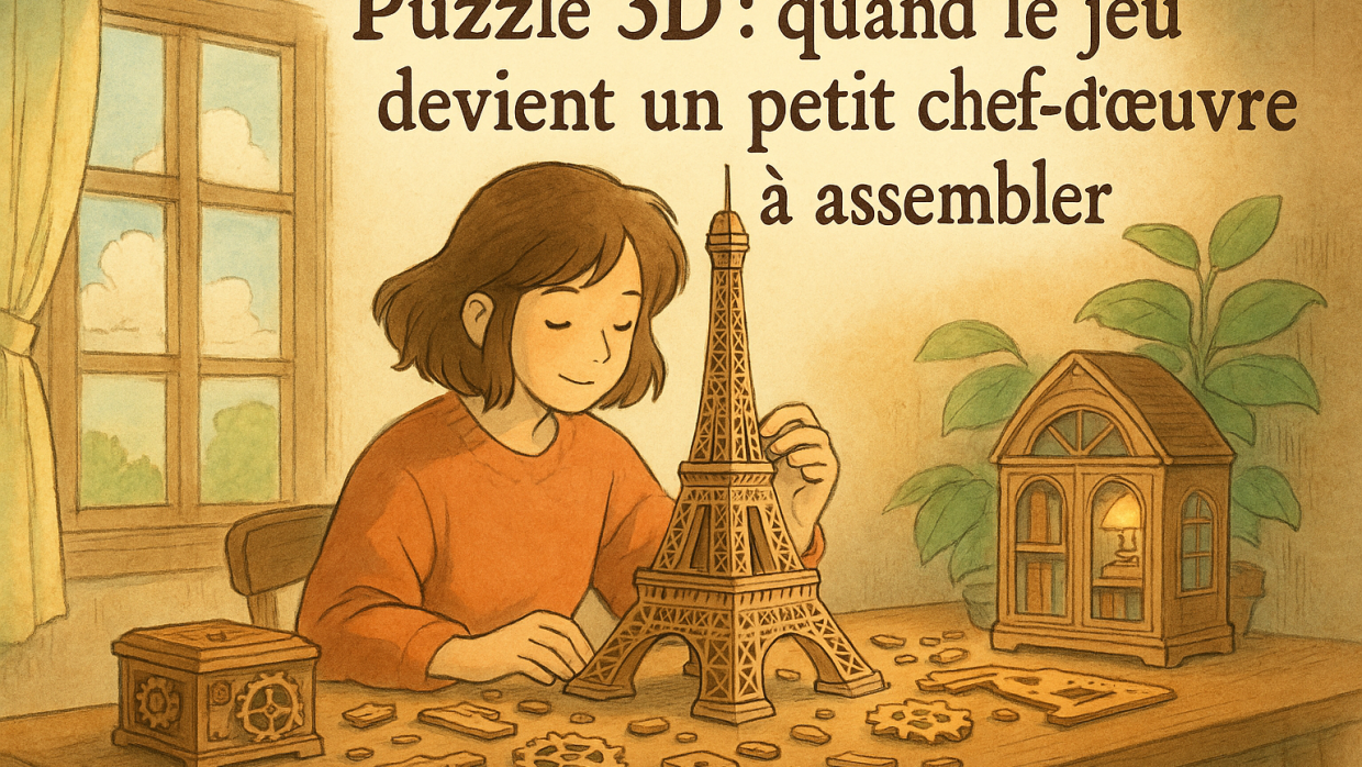 Illustration façon Ghibli d'une femme construisant un puzzle 3D en bois dans un intérieur chaleureux, ambiance douce et poétique