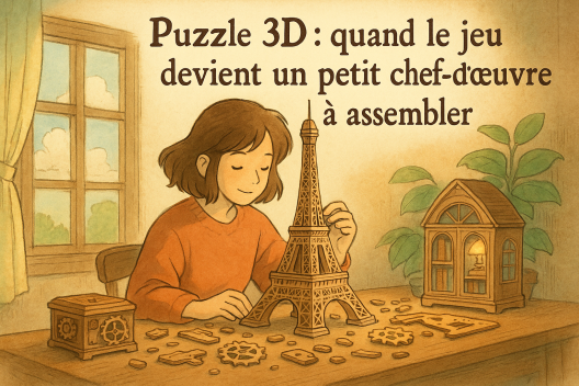 Illustration façon Ghibli d'une femme construisant un puzzle 3D en bois dans un intérieur chaleureux, ambiance douce et poétique