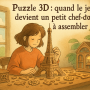 Illustration façon Ghibli d'une femme construisant un puzzle 3D en bois dans un intérieur chaleureux, ambiance douce et poétique