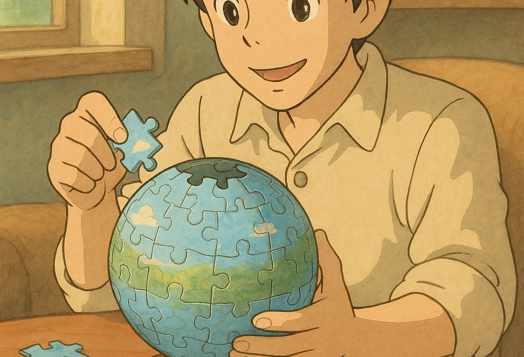 Jeune homme concentré assemblant un puzzle boule 3D sur une table en bois, dans une lumière douce façon Ghibli, symbole de sérénité et de créativité familiale