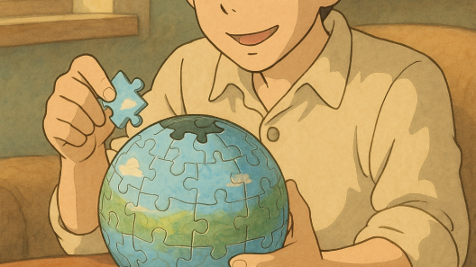 Jeune homme concentré assemblant un puzzle boule 3D sur une table en bois, dans une lumière douce façon Ghibli, symbole de sérénité et de créativité familiale