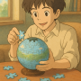 Jeune homme concentré assemblant un puzzle boule 3D sur une table en bois, dans une lumière douce façon Ghibli, symbole de sérénité et de créativité familiale