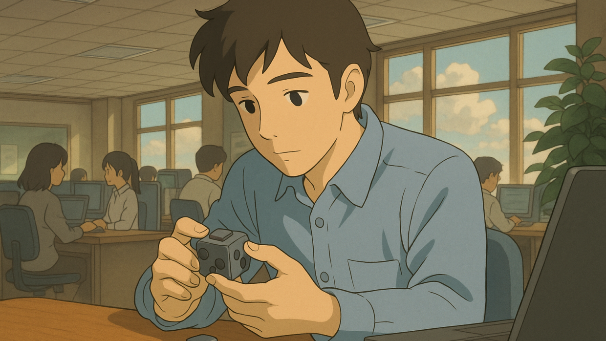 Employé concentré manipulant un fidget cube sur son bureau dans un open space baigné de lumière, ambiance zen et inspirée de Studio Ghibli