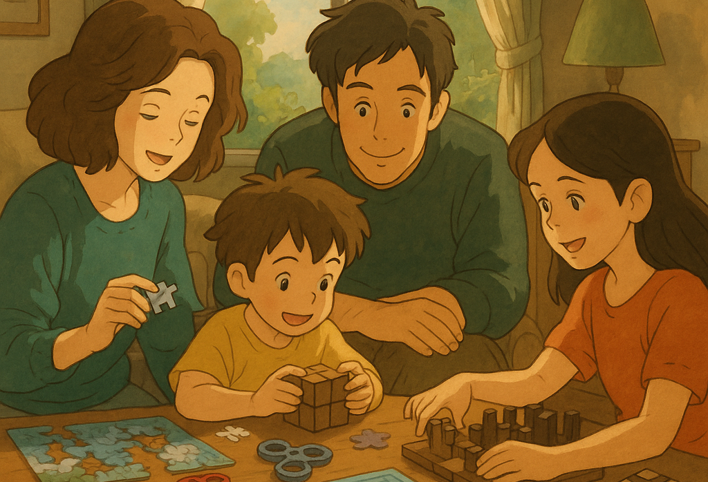 Illustration Ghibli d’une famille jouant ensemble à des puzzles, casse-têtes et fidgets sur une table basse dans un salon ensoleillé