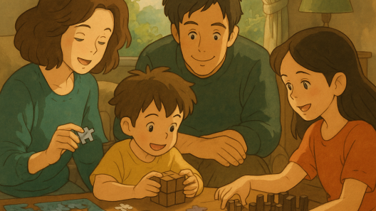 Illustration Ghibli d’une famille jouant ensemble à des puzzles, casse-têtes et fidgets sur une table basse dans un salon ensoleillé