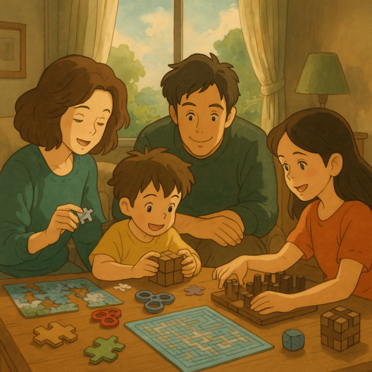 Illustration Ghibli d’une famille jouant ensemble à des puzzles, casse-têtes et fidgets sur une table basse dans un salon ensoleillé