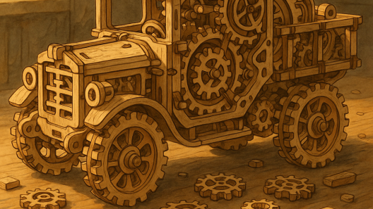 Illustration Ghibli d’un camion en puzzle 3D en bois, rempli de mécanismes et de pièces détaillées posées sur un établi chaleureux.