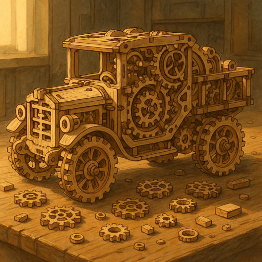 Illustration Ghibli d’un camion en puzzle 3D en bois, rempli de mécanismes et de pièces détaillées posées sur un établi chaleureux.