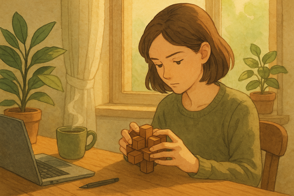 femme concentrée manipulant un casse-tête en bois sur son bureau