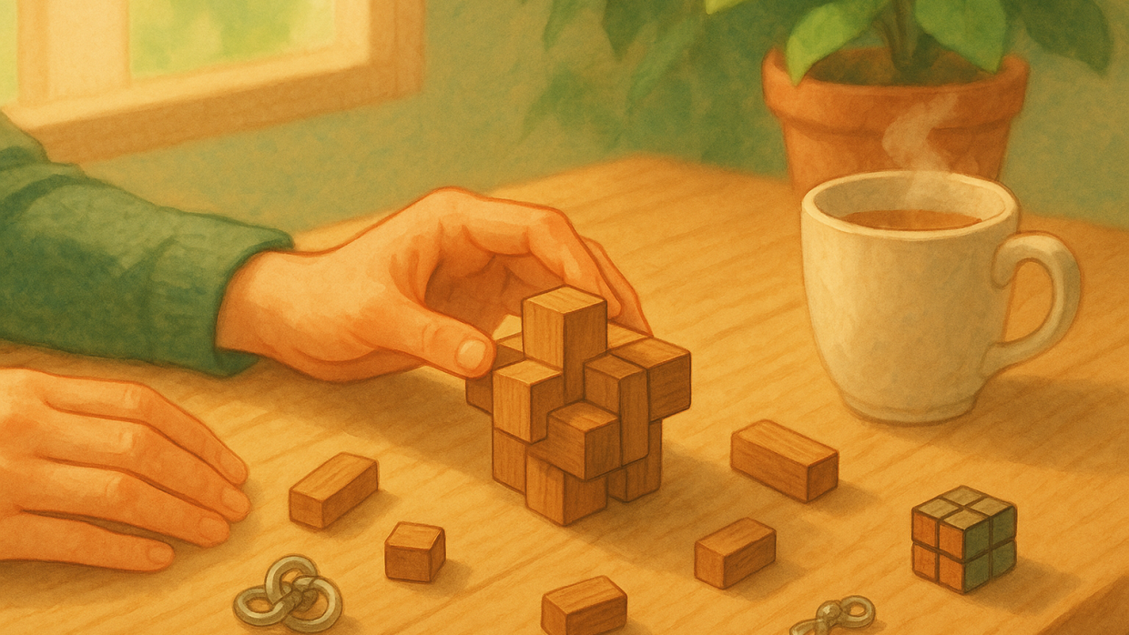 Illustration douce façon Ghibli montrant des mains manipulant un casse-tête en bois sur une table avec une tasse de thé et une plante verte.