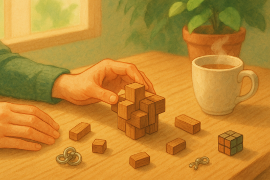 Illustration douce façon Ghibli montrant des mains manipulant un casse-tête en bois sur une table avec une tasse de thé et une plante verte.