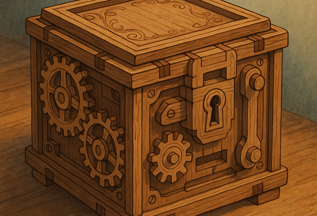 Illustration Ghibli d’un casse-tête mécanique en bois en forme de boîte, avec engrenages et mécanisme secret, posé sur une table chaleureuse