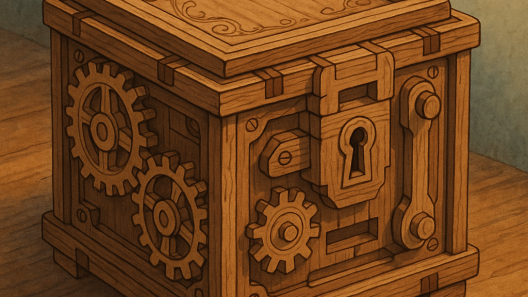 Illustration Ghibli d’un casse-tête mécanique en bois en forme de boîte, avec engrenages et mécanisme secret, posé sur une table chaleureuse