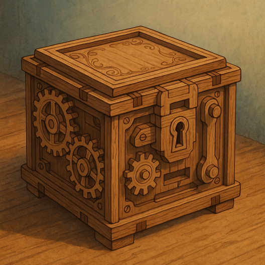 Illustration Ghibli d’un casse-tête mécanique en bois en forme de boîte, avec engrenages et mécanisme secret, posé sur une table chaleureuse