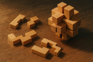 gros plan sur un casse-tête en bois en bambou, pièces imbriquées sur une table de travail