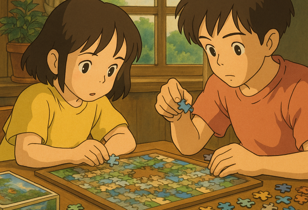 Illustration Ghibli de deux enfants assemblant un puzzle dans une pièce ensoleillée, ambiance douce et chaleureuse