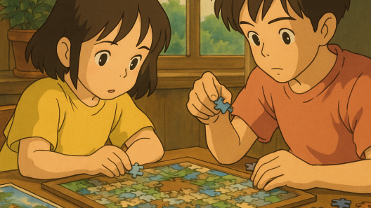 Illustration Ghibli de deux enfants assemblant un puzzle dans une pièce ensoleillée, ambiance douce et chaleureuse