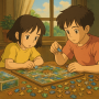 Illustration Ghibli de deux enfants assemblant un puzzle dans une pièce ensoleillée, ambiance douce et chaleureuse