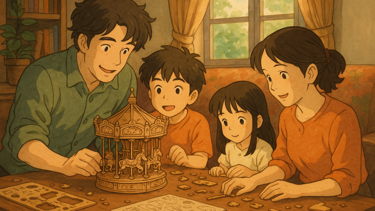 Famille construisant ensemble une maquette en bois 3D façon Ghibli, autour d’un manège détaillé, dans une ambiance chaleureuse et lumineuse.