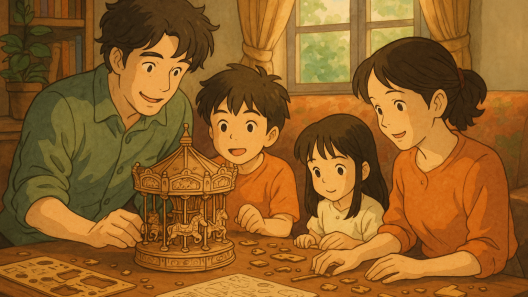 Famille construisant ensemble une maquette en bois 3D façon Ghibli, autour d’un manège détaillé, dans une ambiance chaleureuse et lumineuse.