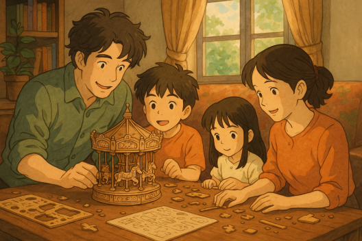 Famille construisant ensemble une maquette en bois 3D façon Ghibli, autour d’un manège détaillé, dans une ambiance chaleureuse et lumineuse.