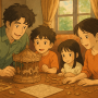 Famille construisant ensemble une maquette en bois 3D façon Ghibli, autour d’un manège détaillé, dans une ambiance chaleureuse et lumineuse.