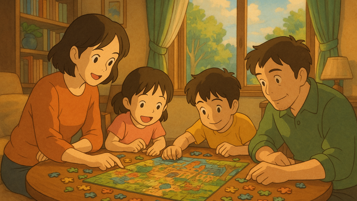 Illustration Ghibli d’une famille réunie autour d’un puzzle, moment chaleureux d’activité en famille dans un salon ensoleillé