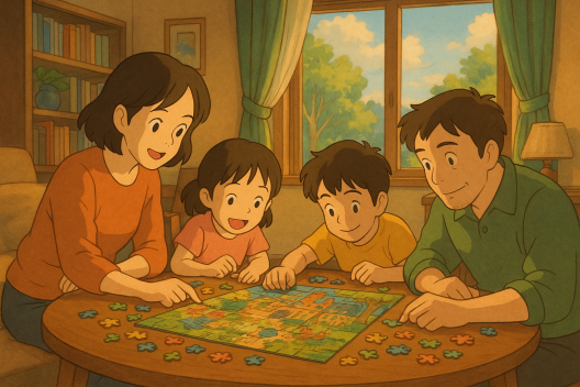 Illustration Ghibli d’une famille réunie autour d’un puzzle, moment chaleureux d’activité en famille dans un salon ensoleillé