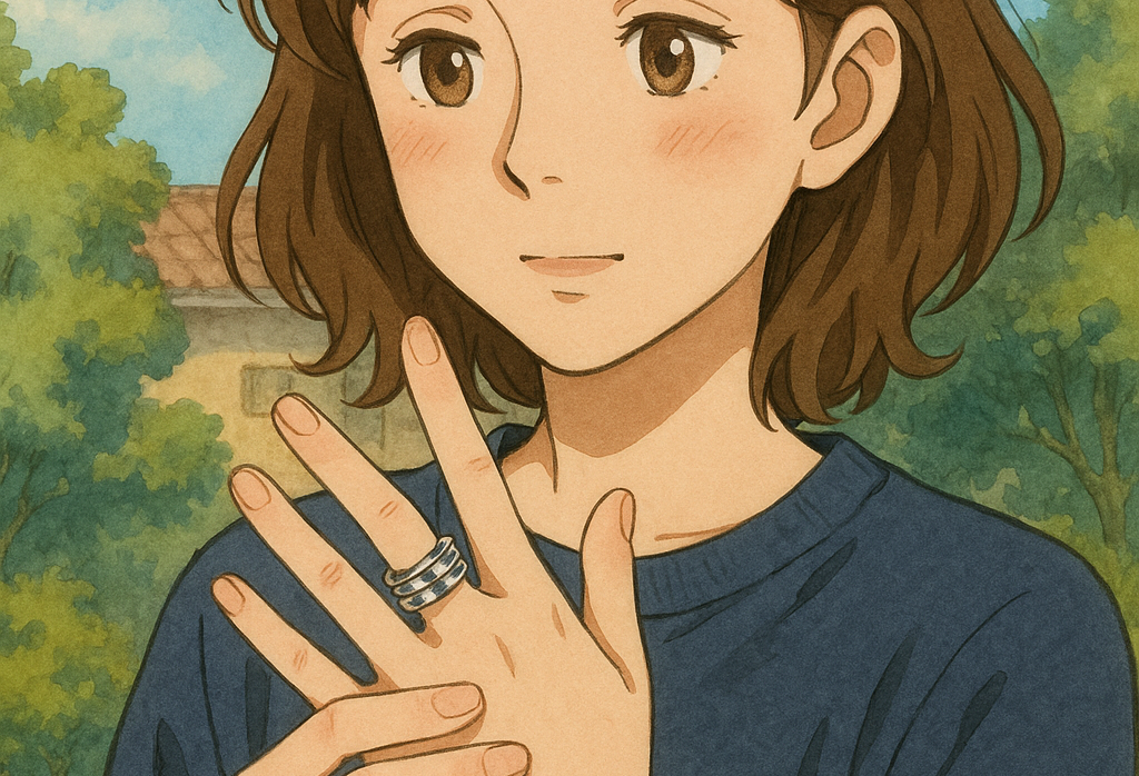 Illustration Ghibli d’une femme assise manipulant une bague fidget anti-stress, dans une ambiance douce et apaisante