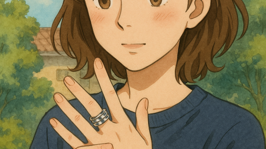Illustration Ghibli d’une femme assise manipulant une bague fidget anti-stress, dans une ambiance douce et apaisante