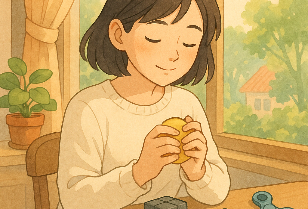 jeune femme jouant avec un fidget, avec plusieurs fidgets sur la table