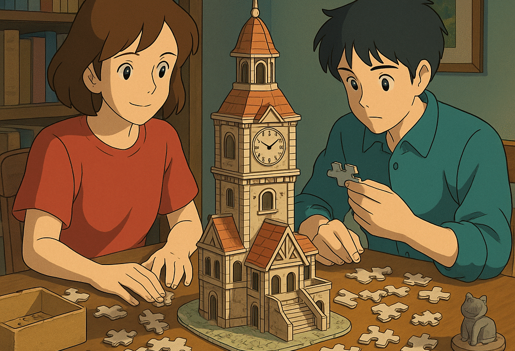 Illustration style Ghibli montrant deux personnes montant un puzzle 3D en forme de tour sur une table, ambiance chaleureuse et détaillée