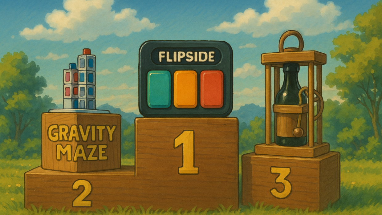 Illustration Ghibli d’un podium extérieur présentant les premiers casse-têtes tendances 2025, avec Flipside, Gravity Maze et un bloque-bouteille en bois