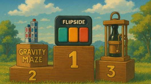 Illustration Ghibli d’un podium extérieur présentant les premiers casse-têtes tendances 2025, avec Flipside, Gravity Maze et un bloque-bouteille en bois