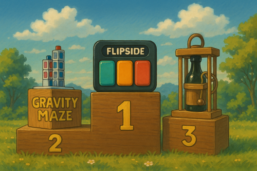 Illustration Ghibli d’un podium extérieur présentant les premiers casse-têtes tendances 2025, avec Flipside, Gravity Maze et un bloque-bouteille en bois