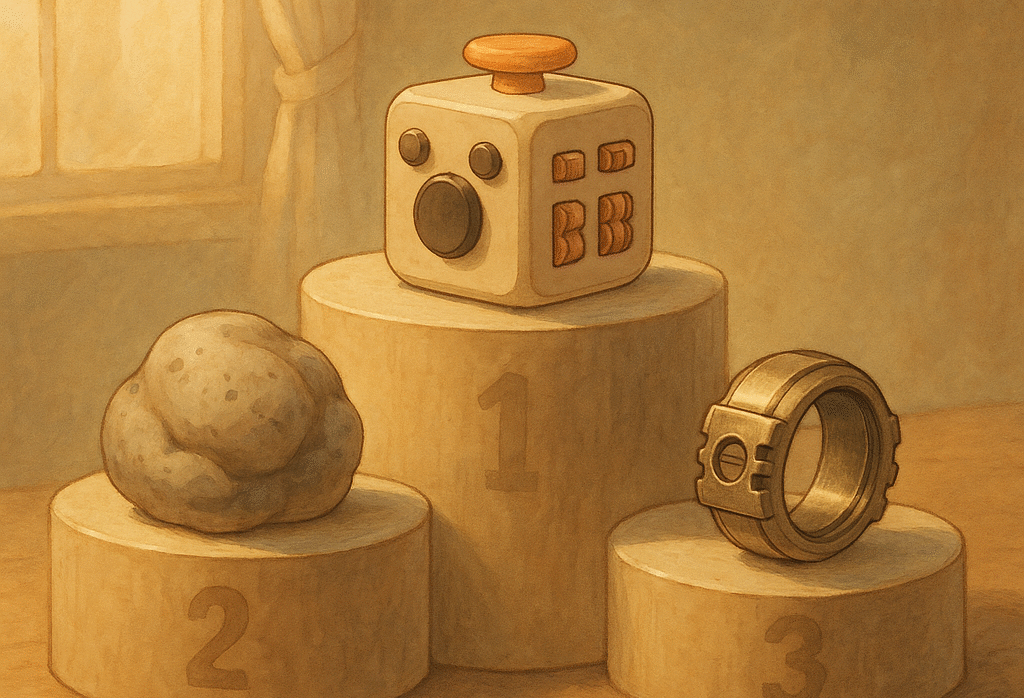 Illustration style Ghibli d’un podium en bois présentant les trois meilleurs fidgets 2025 : un fidget cube, une pâte sensorielle et une bague mécanique en acier, dans une ambiance douce et ensoleillée