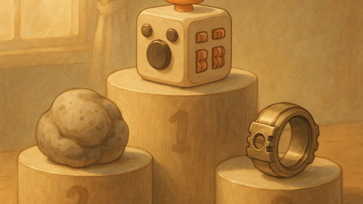 Illustration style Ghibli d’un podium en bois présentant les trois meilleurs fidgets 2025 : un fidget cube, une pâte sensorielle et une bague mécanique en acier, dans une ambiance douce et ensoleillée