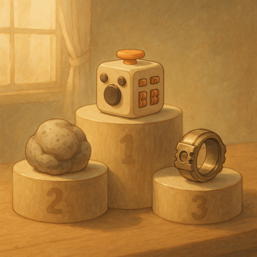 Illustration style Ghibli d’un podium en bois présentant les trois meilleurs fidgets 2025 : un fidget cube, une pâte sensorielle et une bague mécanique en acier, dans une ambiance douce et ensoleillée