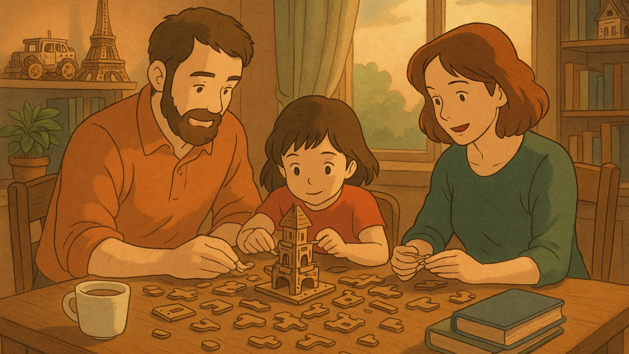 famille assemblant un puzzle 3D en bois sur une table, lumière dorée de fin d’après-midi, ambiance chaleureuse et poétique façon Ghibli