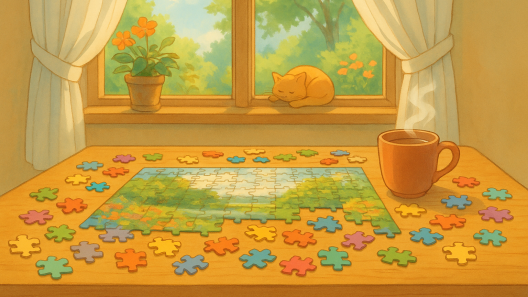Illustration douce façon Ghibli d’un puzzle adulte en cours sur une table en bois clair, tasse de thé fumante et lumière du matin dans une ambiance apaisante - Fidgets et Puzzles