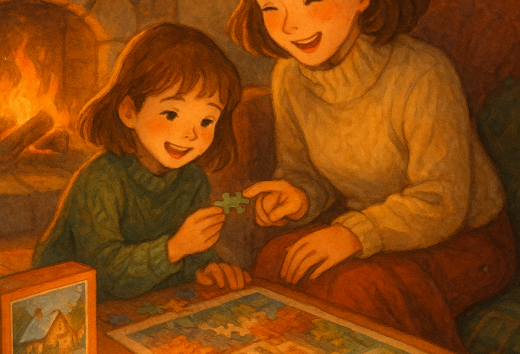Mère et enfant assemblant un puzzle Ravensburger près d’un feu de cheminée, ambiance chaleureuse et festive.