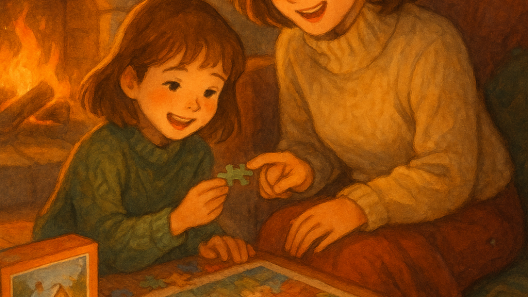 Mère et enfant assemblant un puzzle Ravensburger près d’un feu de cheminée, ambiance chaleureuse et festive.