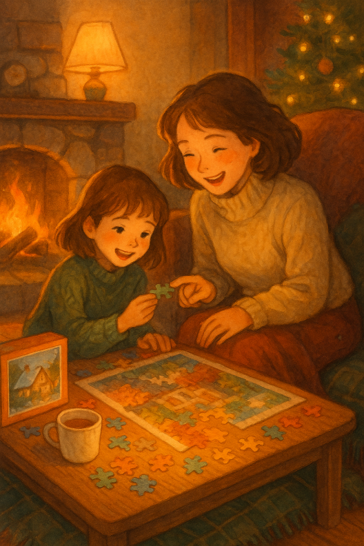 Mère et enfant assemblant un puzzle Ravensburger près d’un feu de cheminée, ambiance chaleureuse et festive.