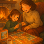 Mère et enfant assemblant un puzzle Ravensburger près d’un feu de cheminée, ambiance chaleureuse et festive.