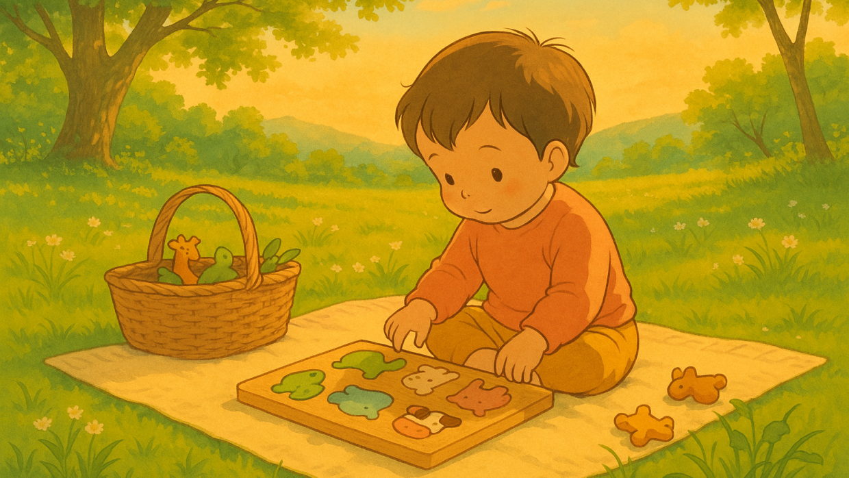 Enfant de 2 ans jouant à un puzzle en bois avec des pièces d’animaux dans un parc ensoleillé, illustration douce façon Ghibli, scène d’éveil et de motricité.