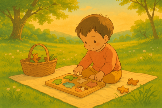 Enfant de 2 ans jouant à un puzzle en bois avec des pièces d’animaux dans un parc ensoleillé, illustration douce façon Ghibli, scène d’éveil et de motricité.